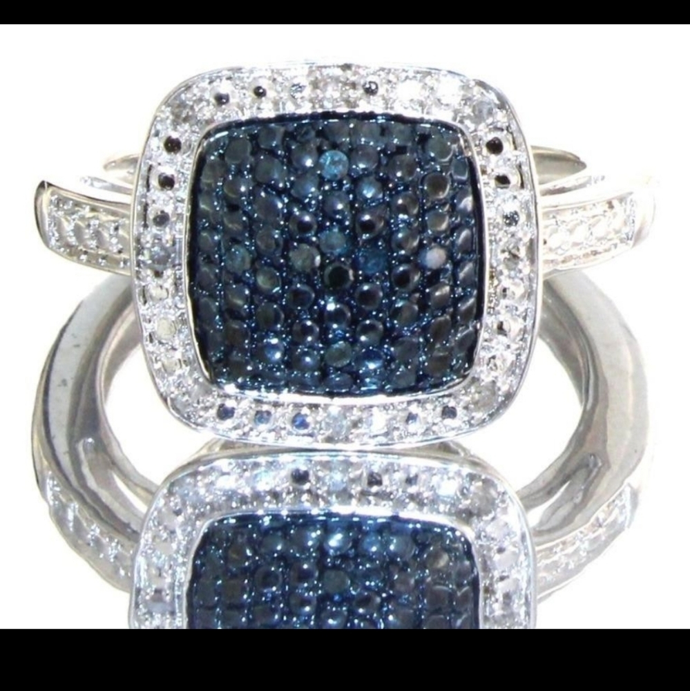 Cushion Cut Fancy Blue Diamond RIng Size: 7.25 Rhodium Overlay Brass